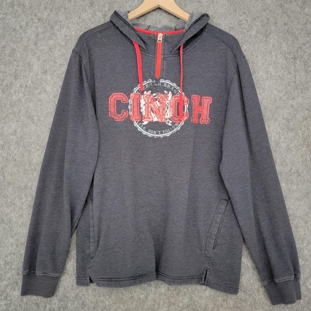 Cinch Hoodie Mens‎ Medium Gray 1/4 Zip Fleece Lined Pullover Western Graphic